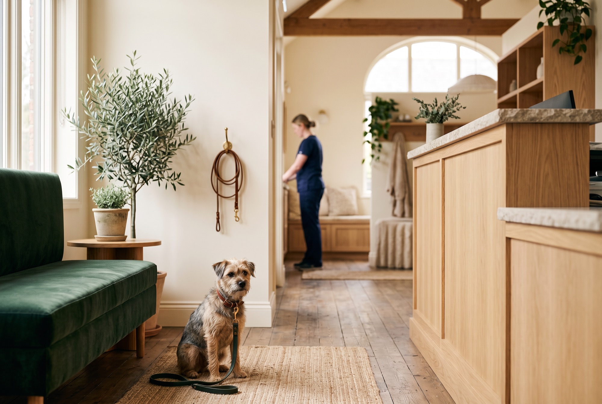 A terrier waiting in the reception area of a boutique veterinary clinic