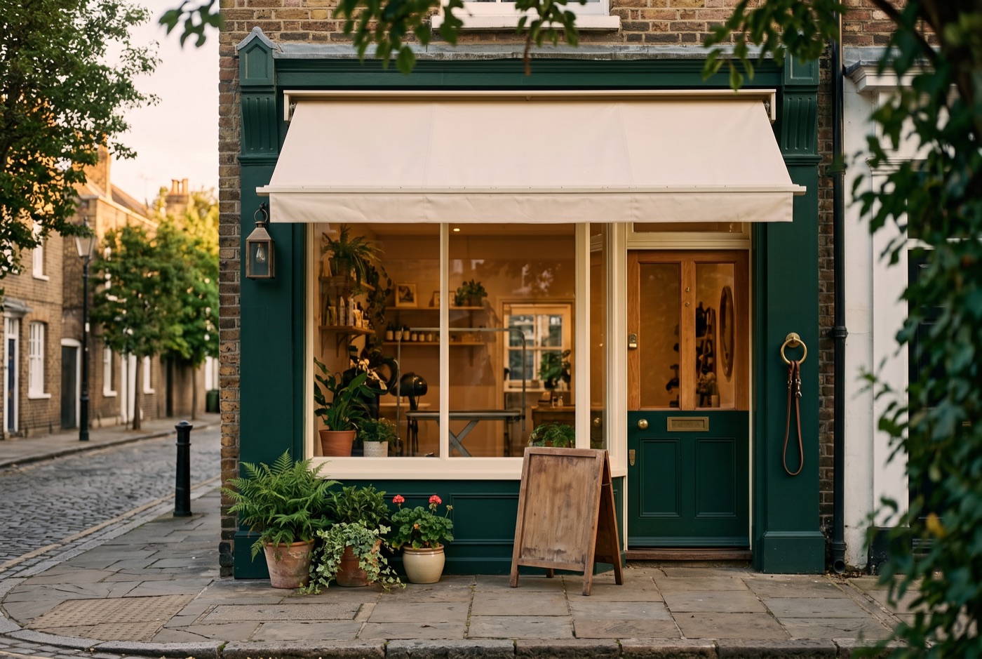 A pet boutique storefront with a green facade, cream awning, and a sidewalk sign at golden hour